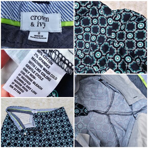 Stretch Khaki Shorts Crown & Ivy Size 8 Navy Green Tile Geometric Print EUC - Picture 2 of 4